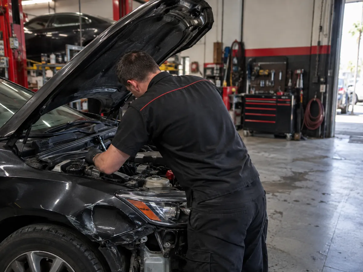 Technician working under the hood of a dark sedan with front-end collision damage in a repair bay