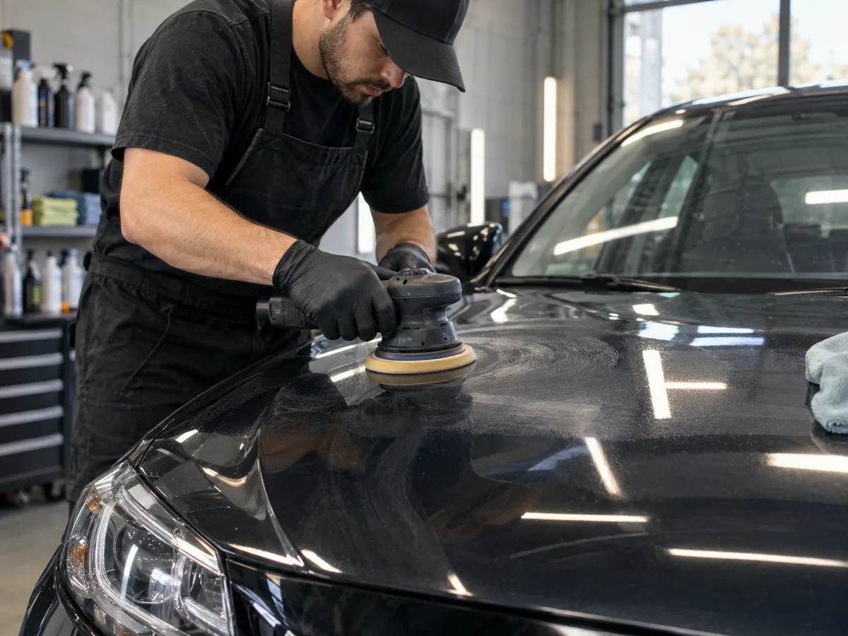 Auto detailing technician polishing a vehicle hood with a dual-action buffer