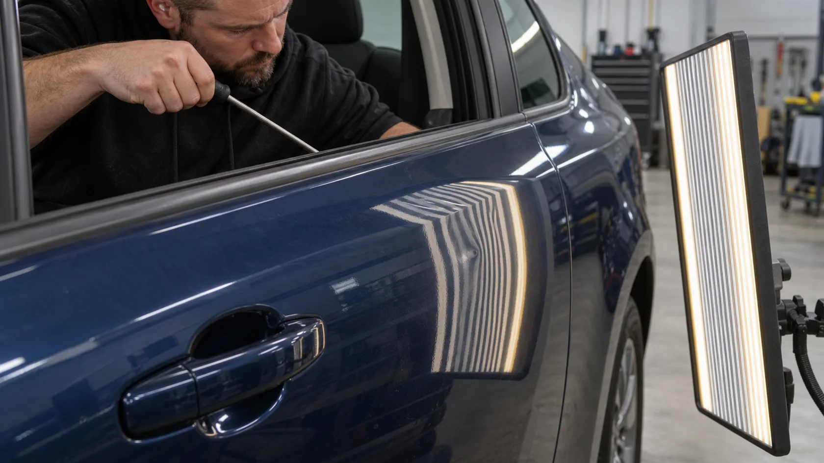 Technician using a paintless dent repair rod behind a blue door while reading reflected light lines