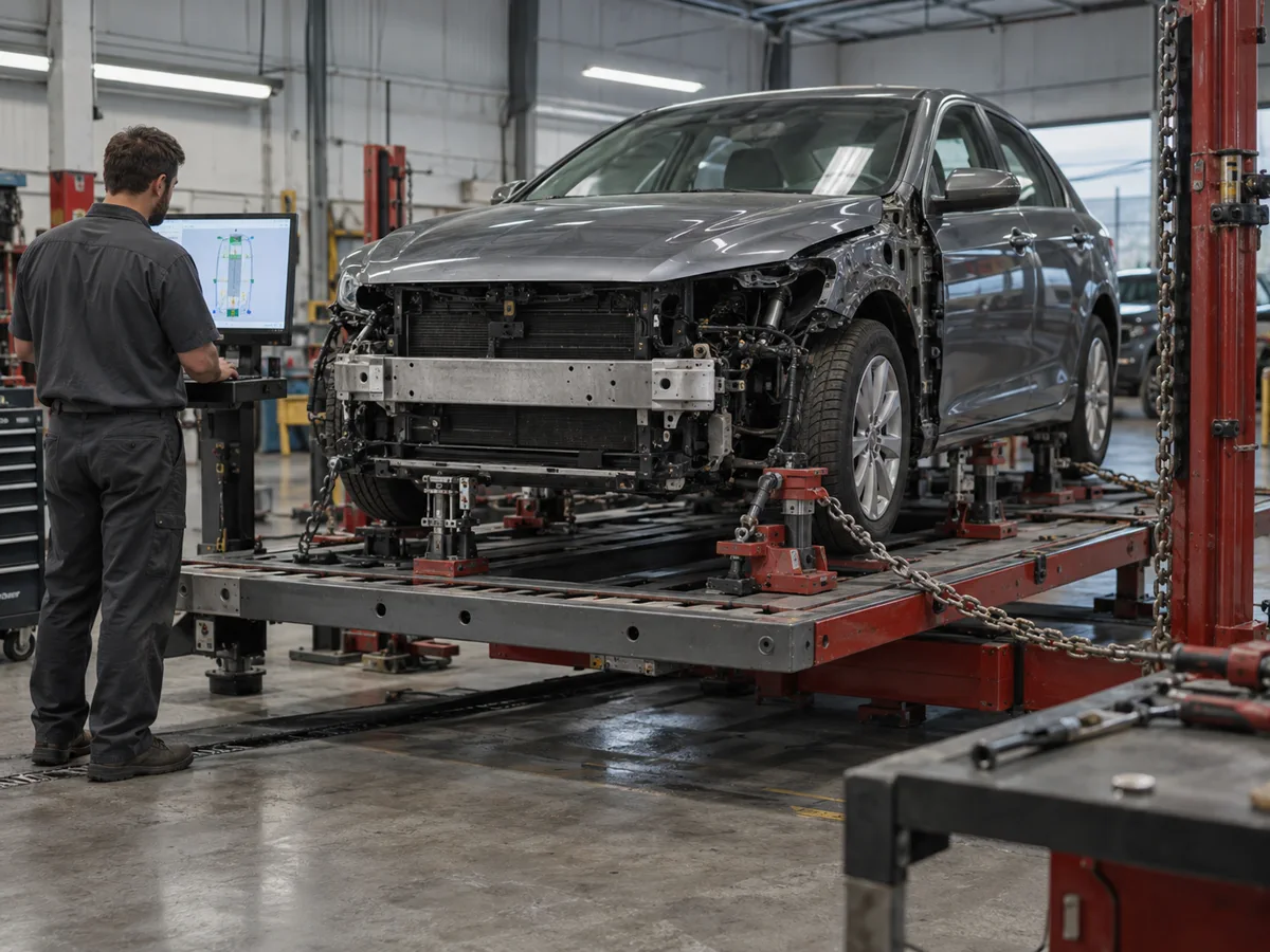 Vehicle secured on a frame straightening rack while a technician reviews measurements