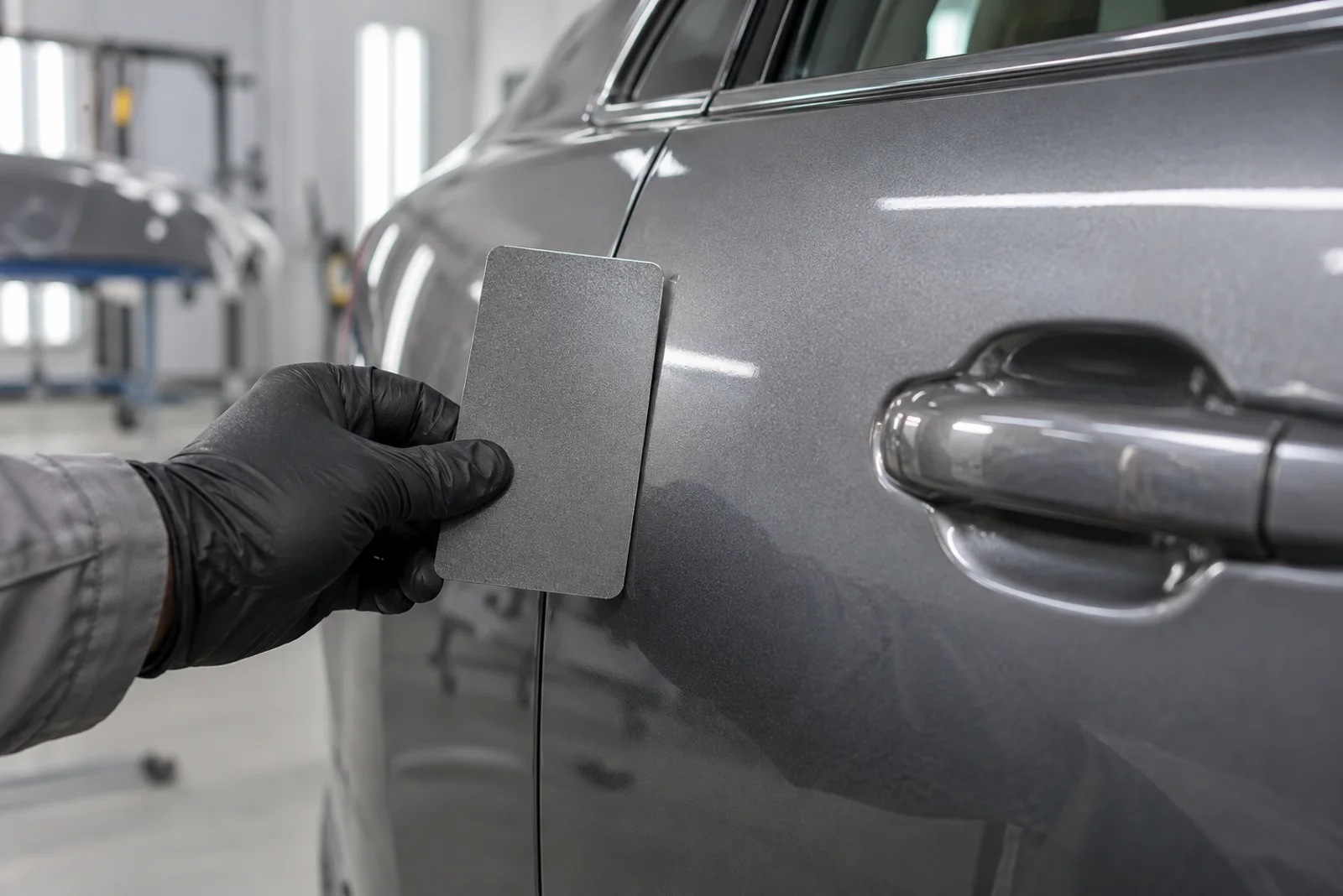 Technician comparing a metallic paint test card with a gray vehicle door panel