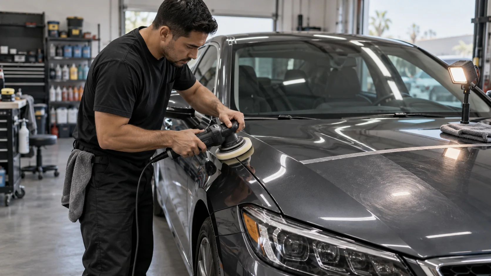 Detailer polishing the paint on a sedan in a professional Garden Grove auto shop