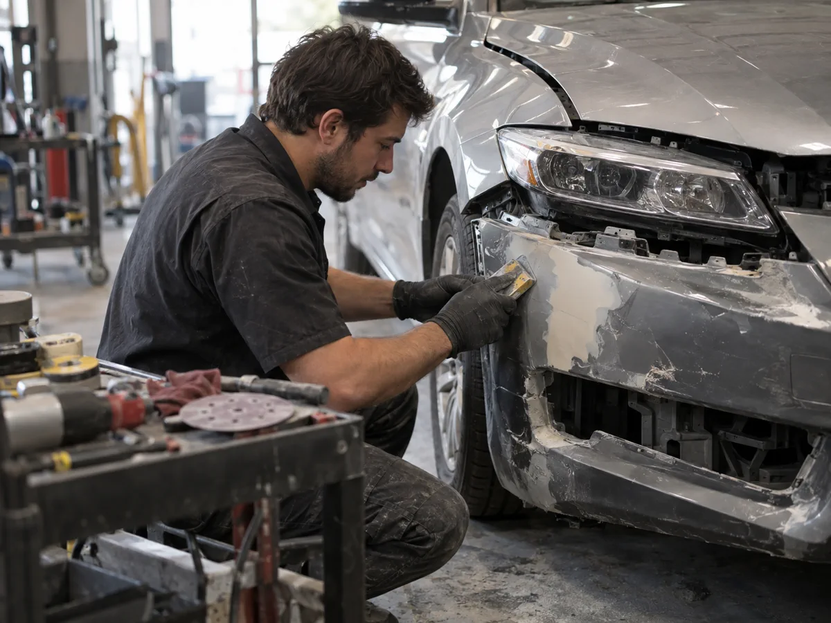 Technician repairing a damaged front bumper panel in a collision repair bay