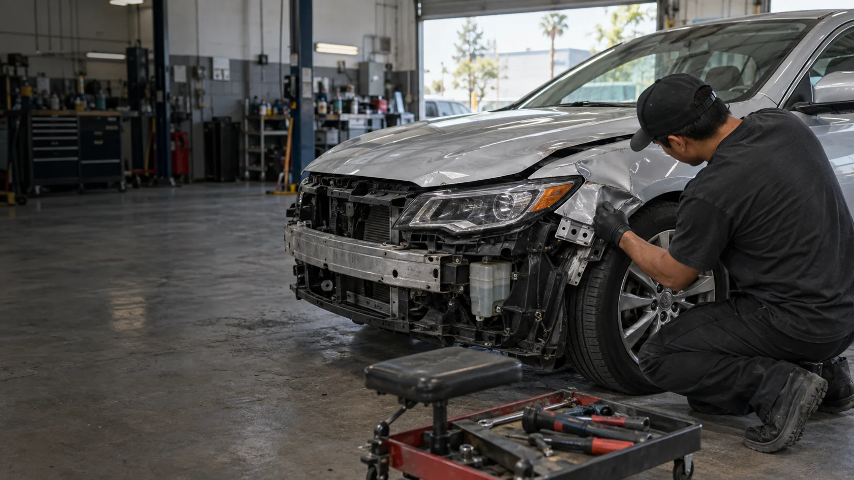 Technician inspecting front-end collision damage on a silver sedan in an auto body repair bay