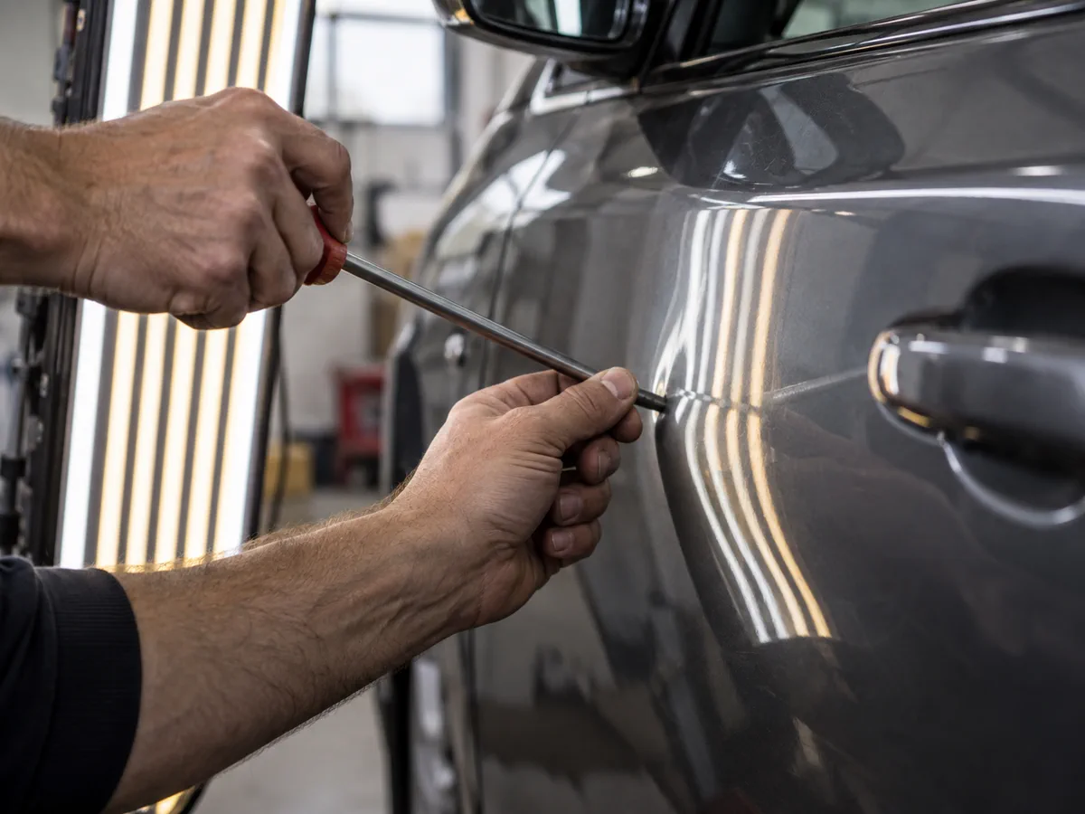 Technician using paintless dent repair tools on a vehicle door panel
