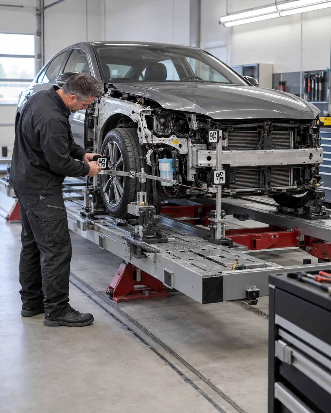 Technician checking structural measuring targets on a vehicle secured to a frame rack