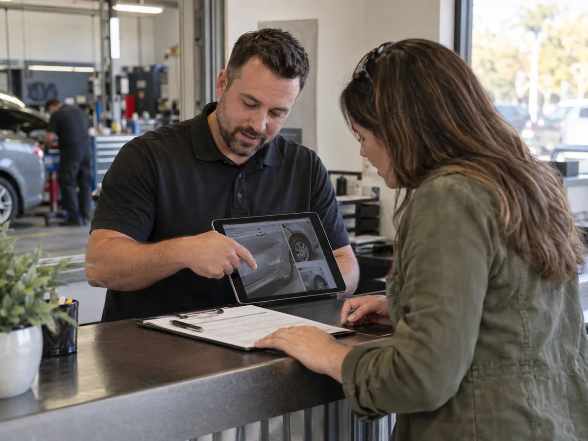 Collision shop service advisor reviewing repair paperwork with a customer