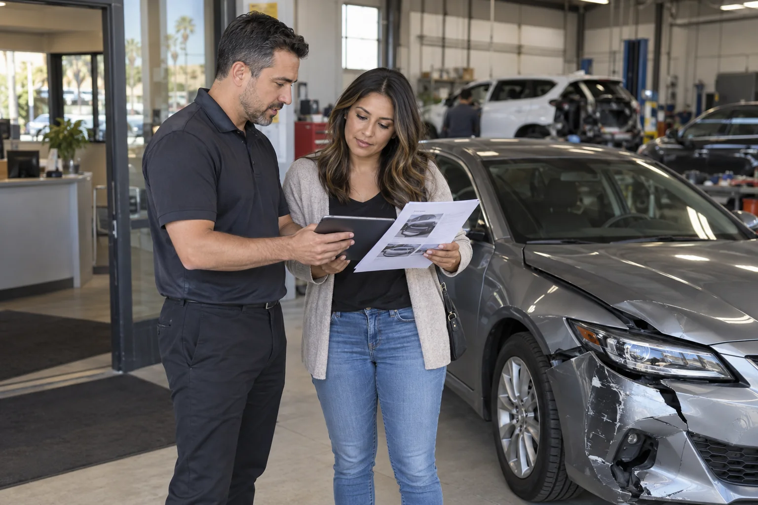 Service advisor reviewing collision damage documentation with a vehicle owner beside a damaged sedan