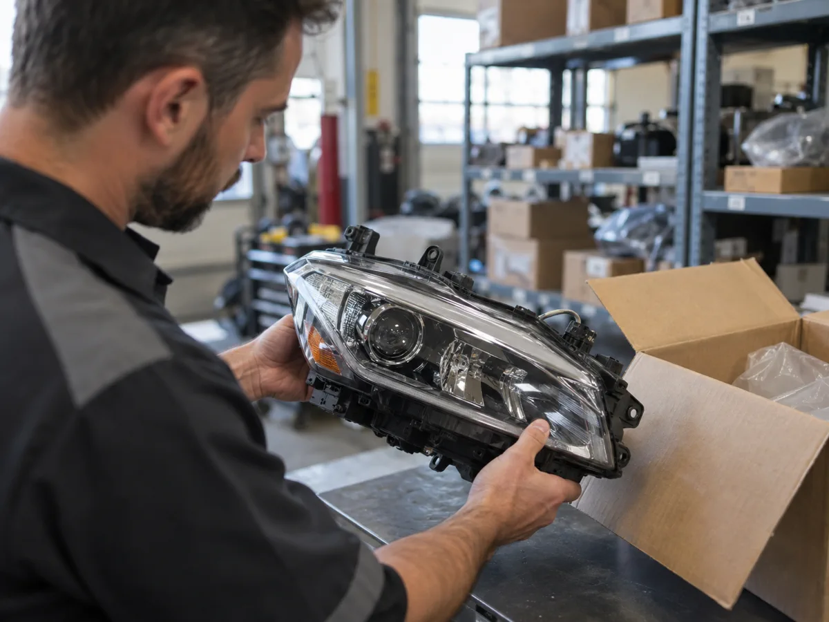 Technician inspecting a replacement headlight assembly in the parts room