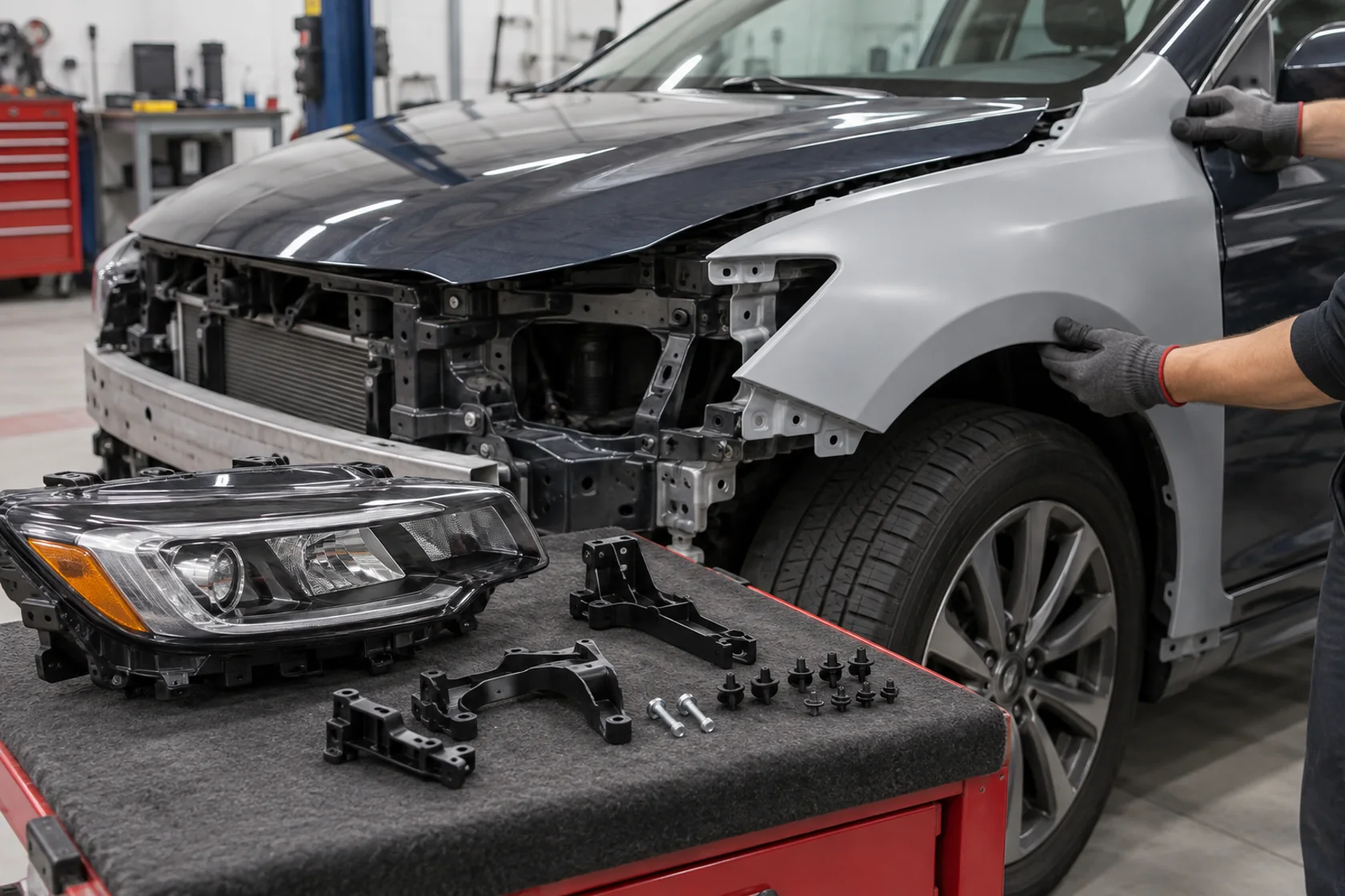 Technician test-fitting a replacement fender beside organized body parts and fasteners