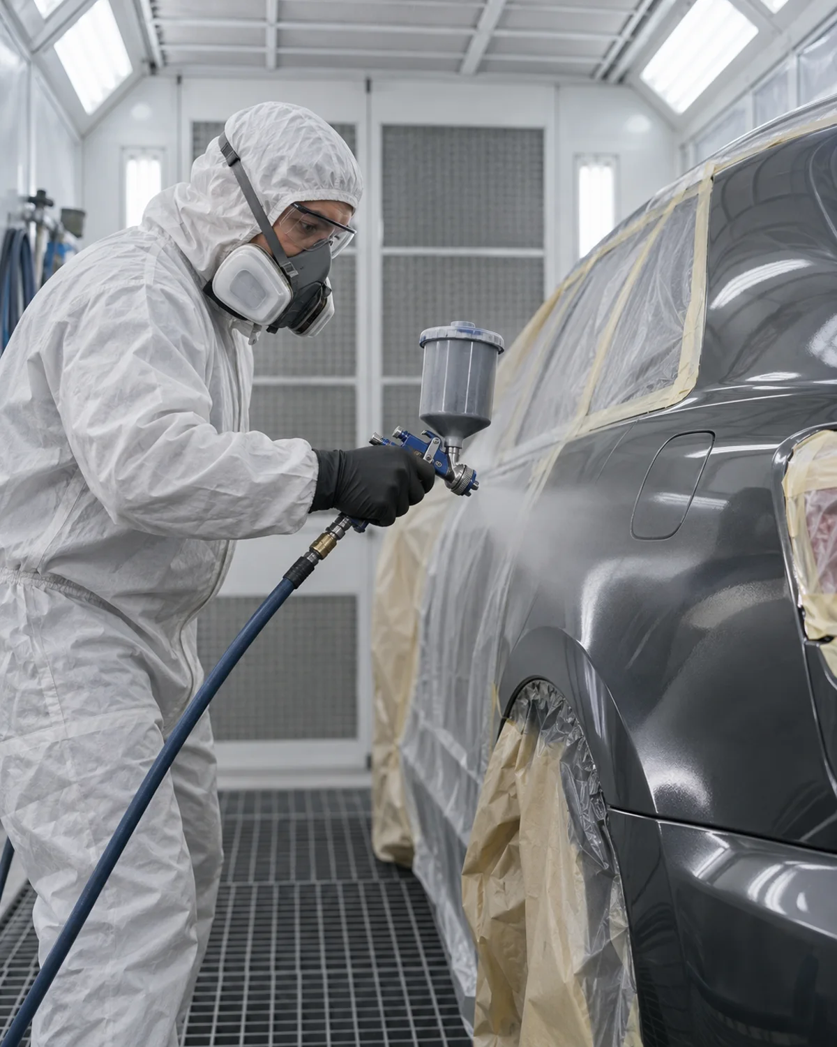 Automotive refinishing technician applying paint to a masked vehicle panel in a spray booth