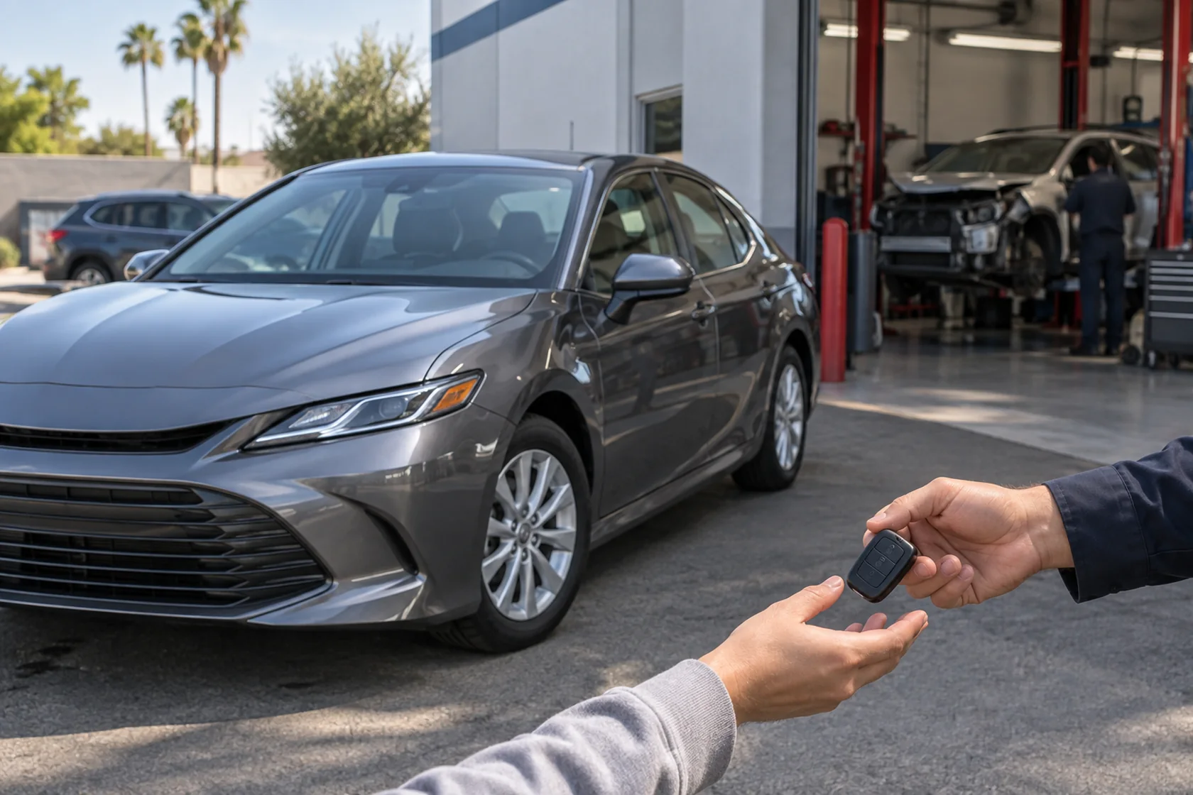 Rental sedan ready outside a collision repair shop as keys are handed to a customer