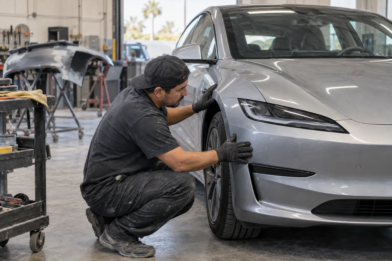 Collision body technician aligning the exterior fender and bumper area of an electric sedan