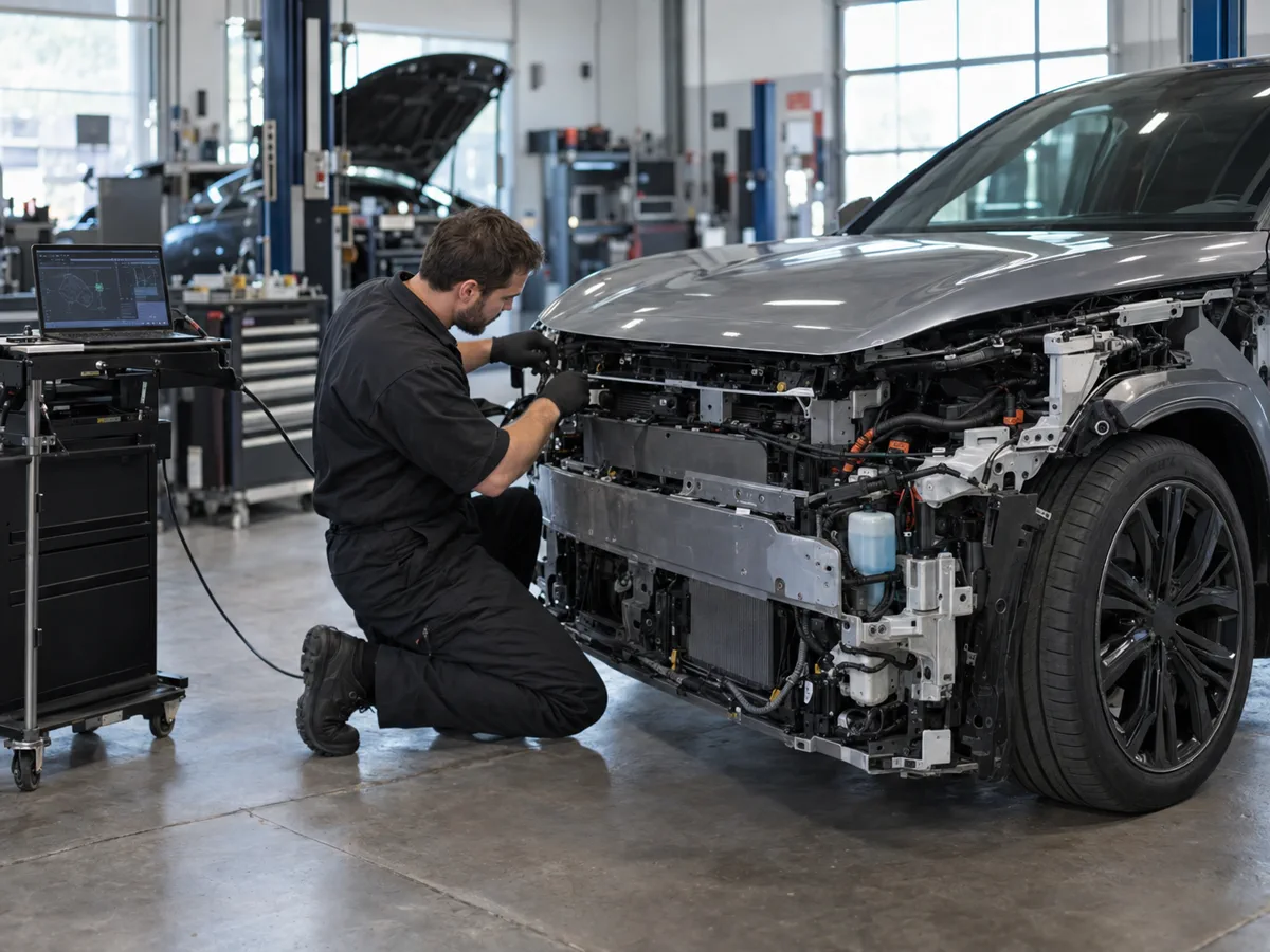 Technician repairing an electric vehicle with diagnostic equipment connected