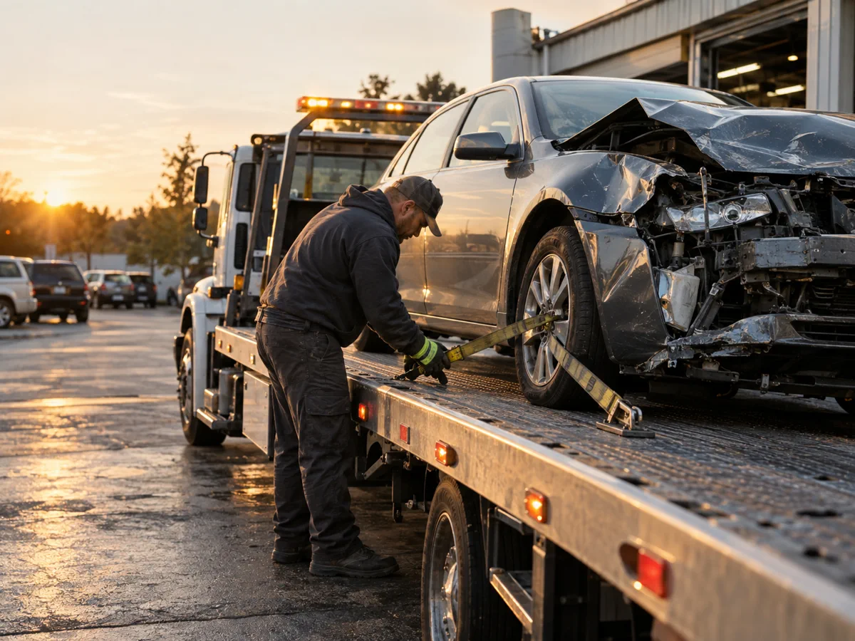 Tow operator securing a damaged sedan on a flatbed truck