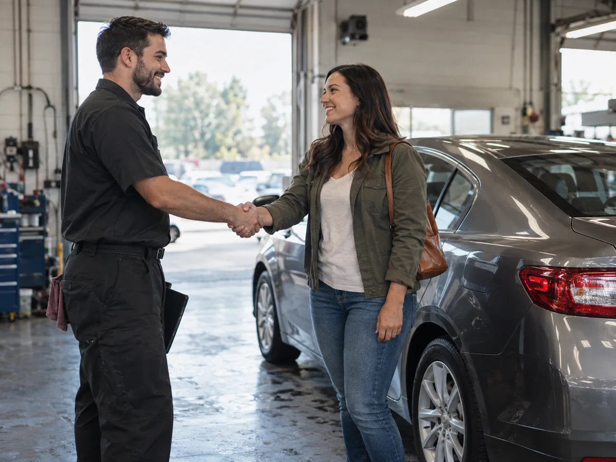 Technician shaking hands with a customer beside a completed vehicle repair