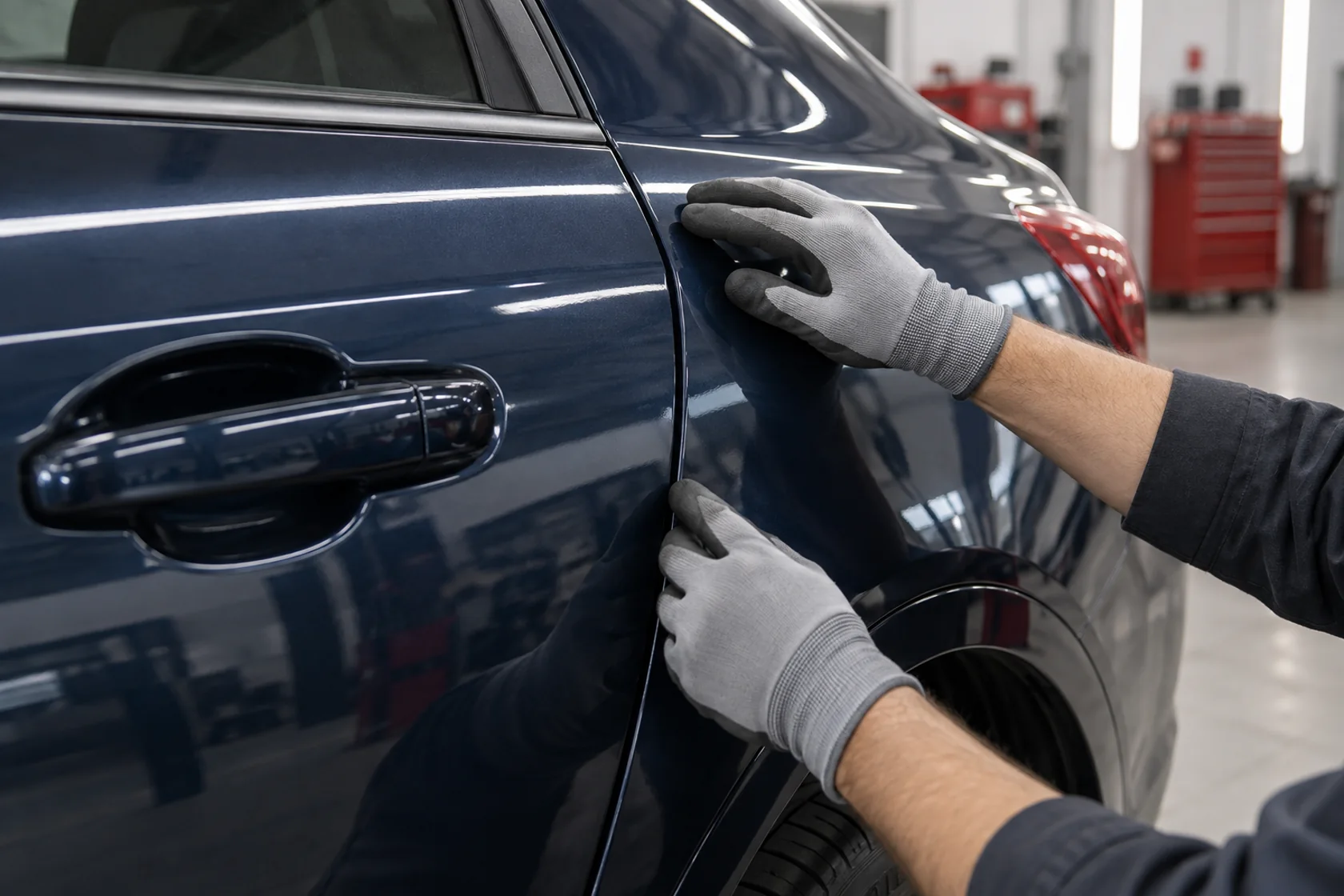 Technician checking the panel gap and finish on a completed collision repair