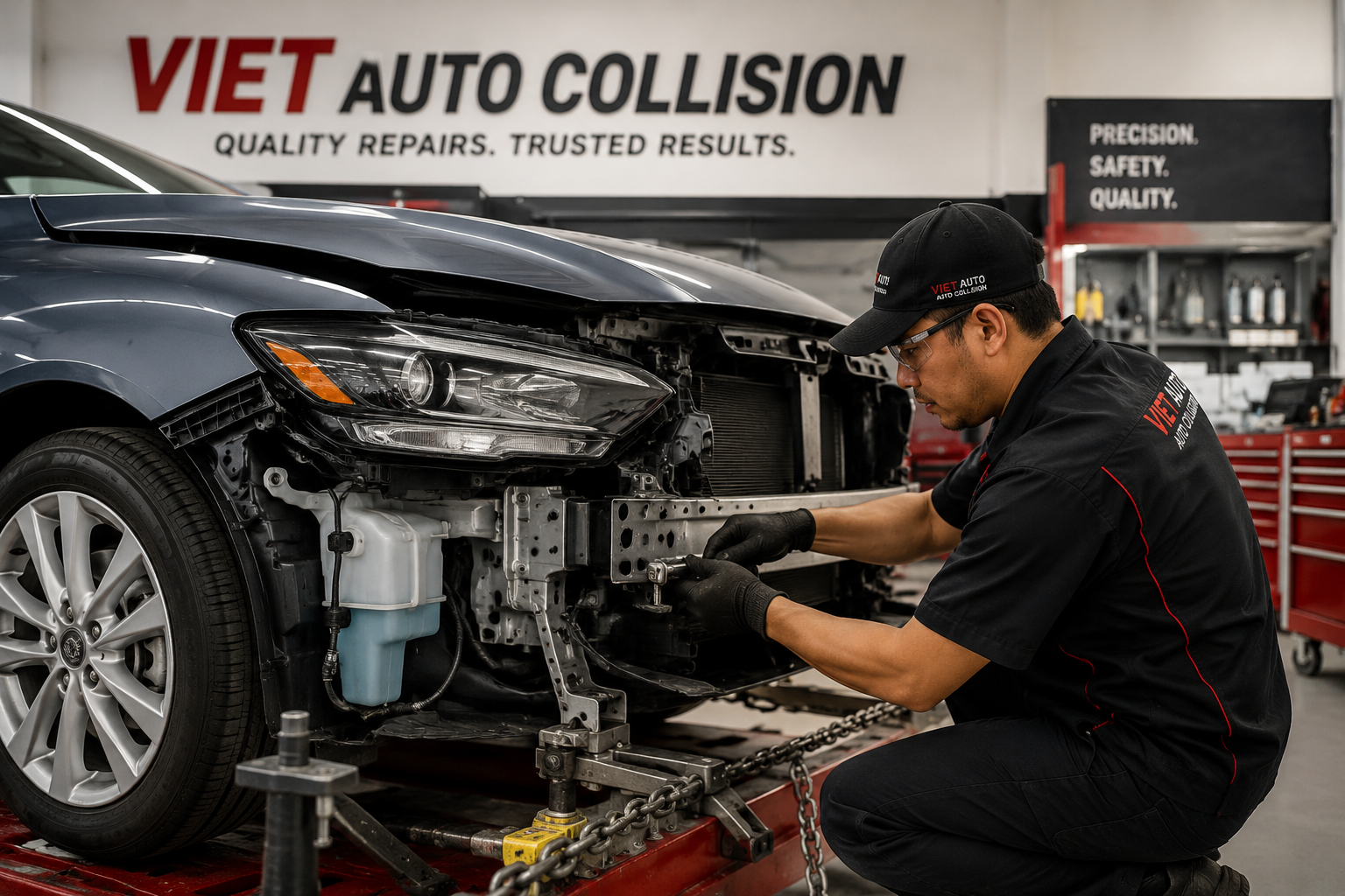 Certified technician performing collision repair on a damaged vehicle at Viet Auto Collision.