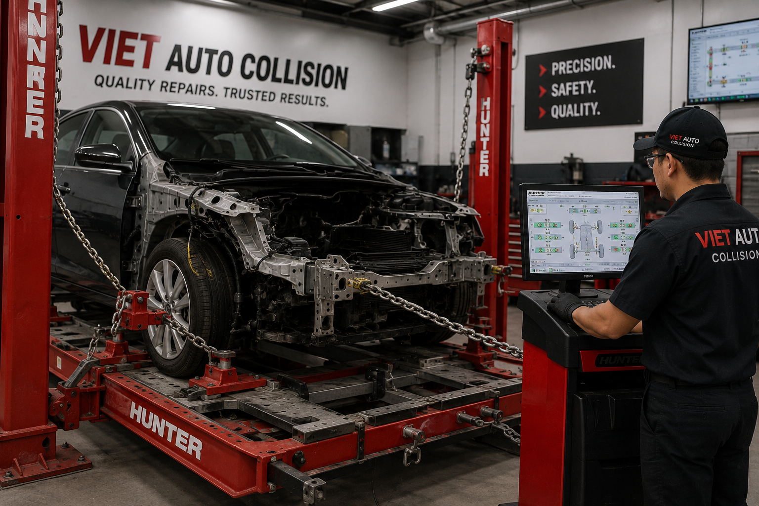 Technician using computerized frame straightening equipment to restore a collision-damaged vehicle at Viet Auto Collision.