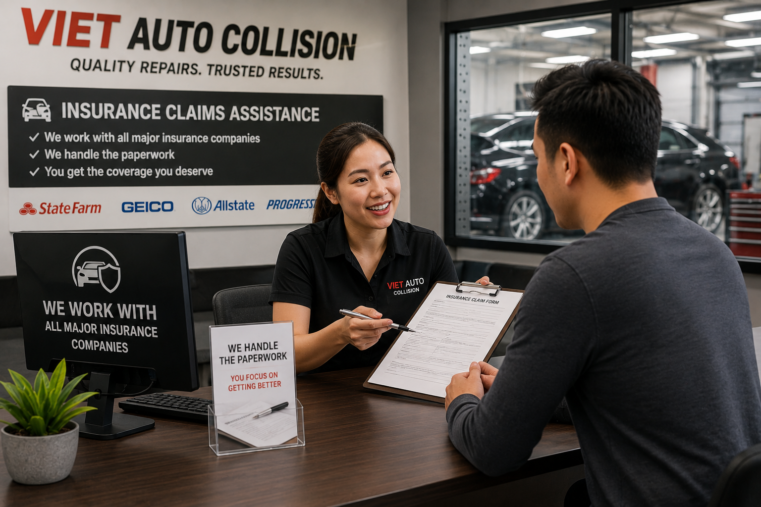 Viet Auto Collision team member assisting a customer with an insurance claim for collision repair services.