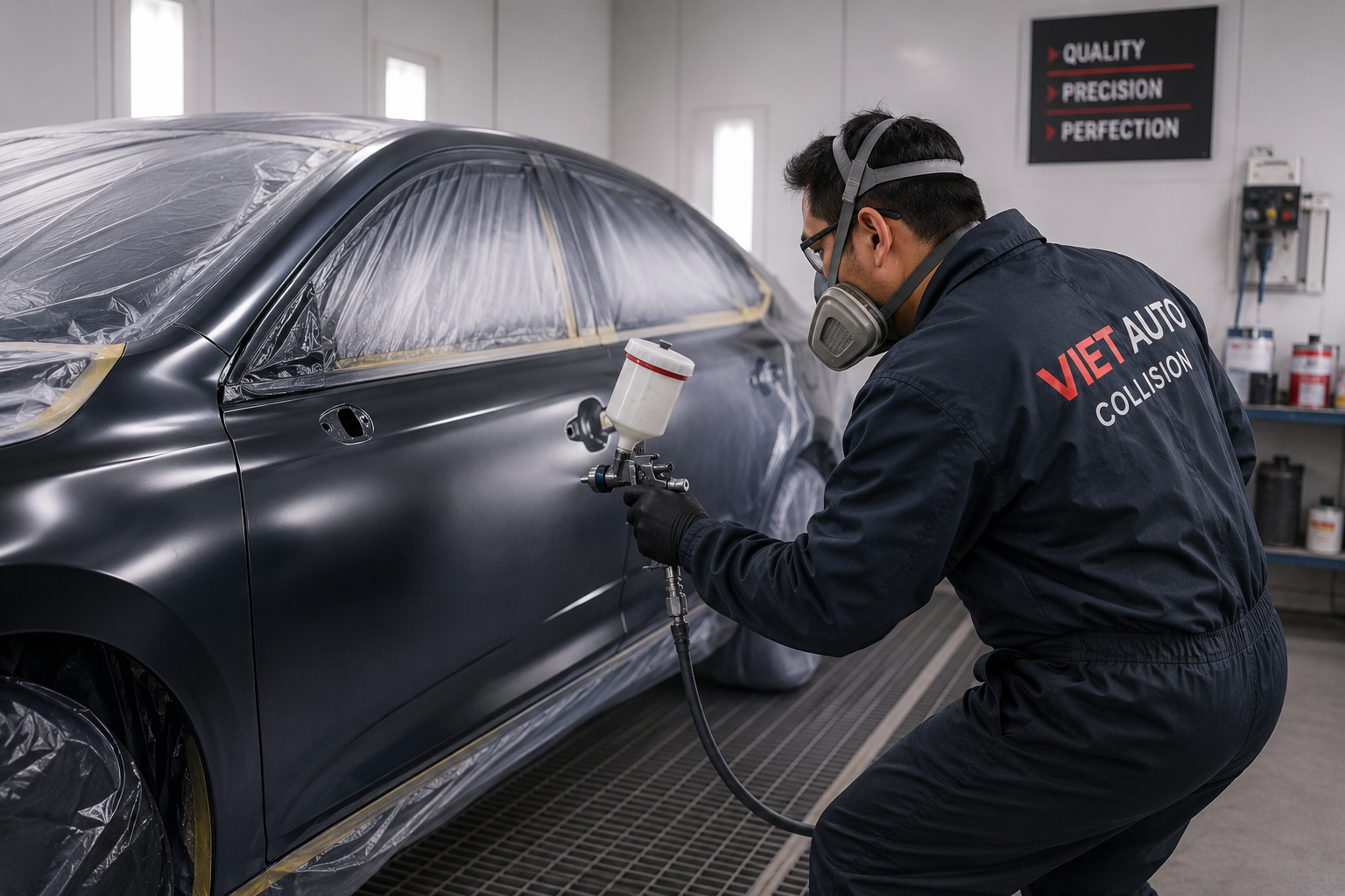 Professional technician applying automotive paint refinishing on a vehicle inside a modern paint booth at Viet Auto Collision.