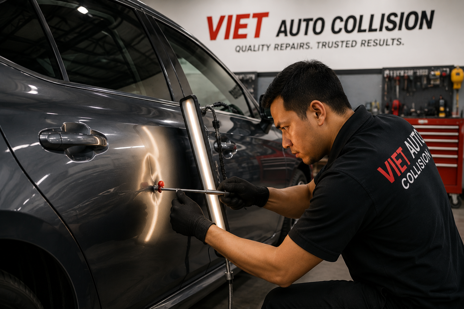 Technician performing paintless dent removal on a vehicle door using specialized dent repair tools at Viet Auto Collision.