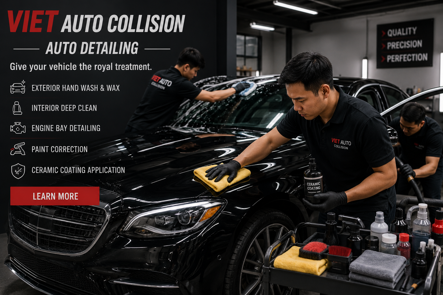 Technicians performing professional auto detailing and ceramic coating on a luxury vehicle at Viet Auto Collision.