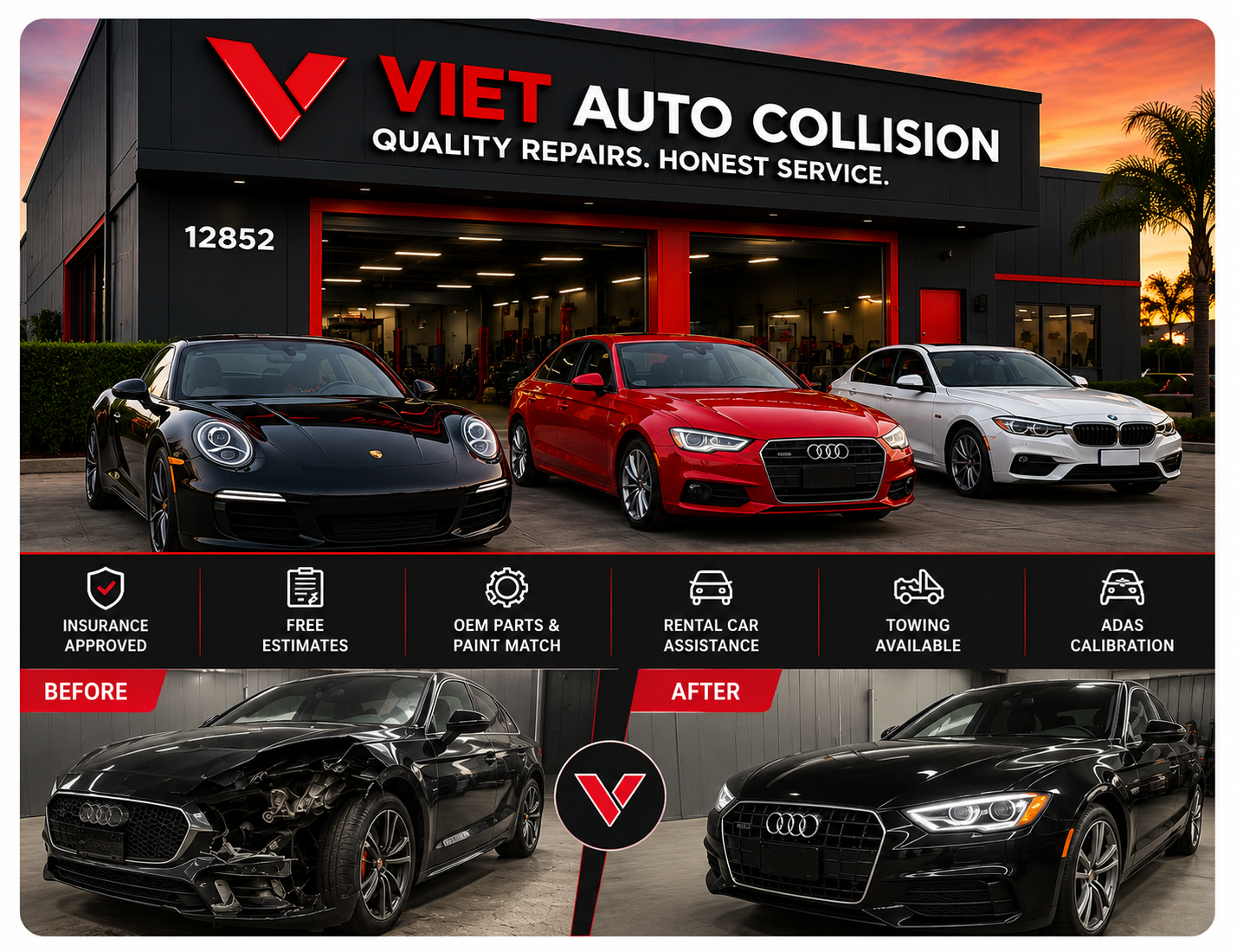 Viet Auto Collision auto body repair facility featuring luxury vehicles, collision repair services, insurance assistance, and before-and-after vehicle restoration.