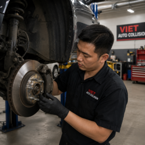 Technician performing professional brake repair and brake system inspection at VIET AUTO COLLISION.