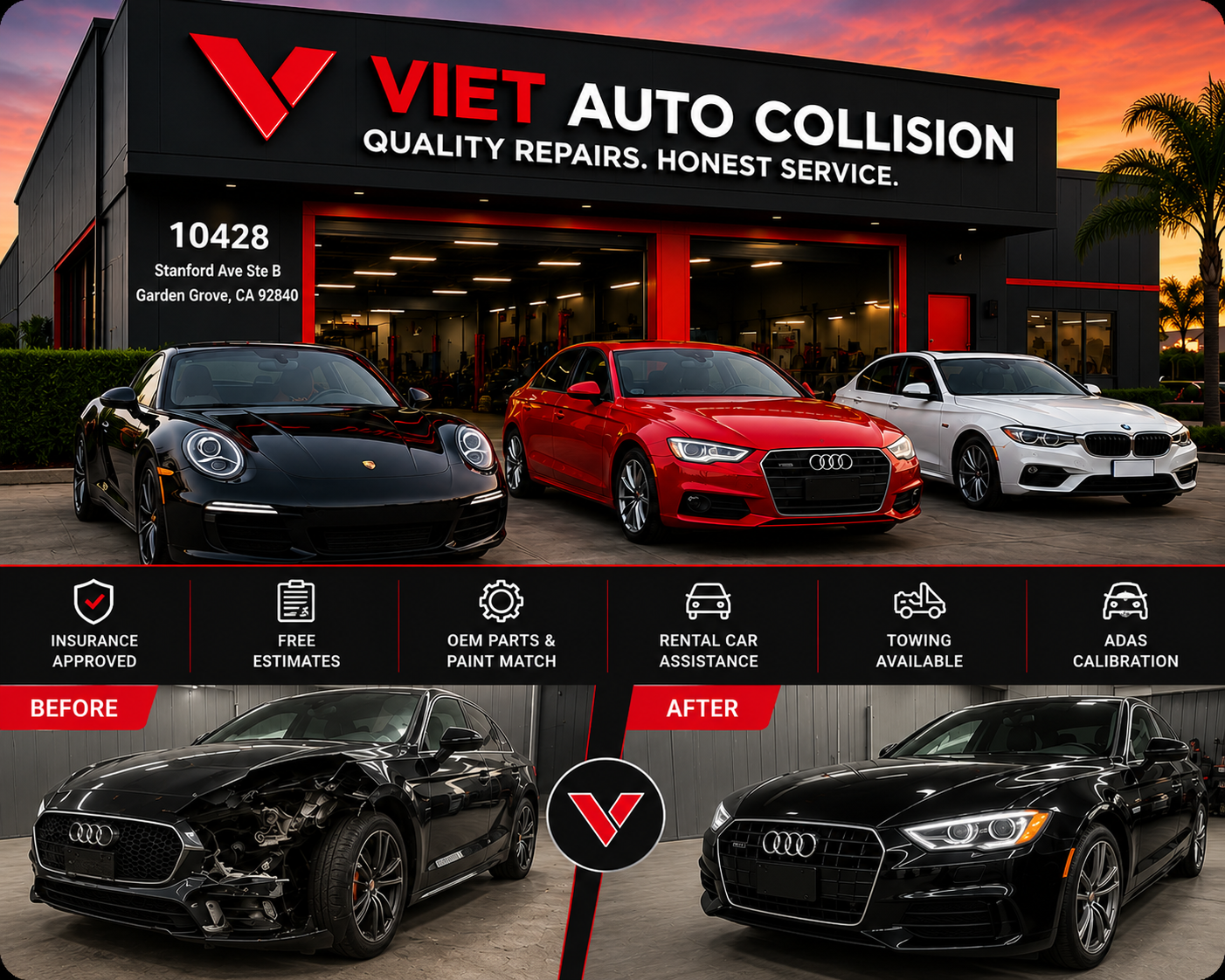 Viet Auto Collision auto body repair facility featuring luxury vehicles, collision repair services, insurance assistance, and before-and-after vehicle restoration.