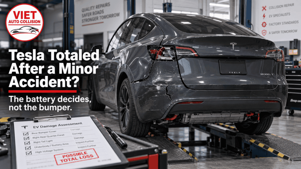 Your Tesla Got a Small Dent and Insurance Wants to Total It. Here’s Why the Battery Decides, Not the Bumper.